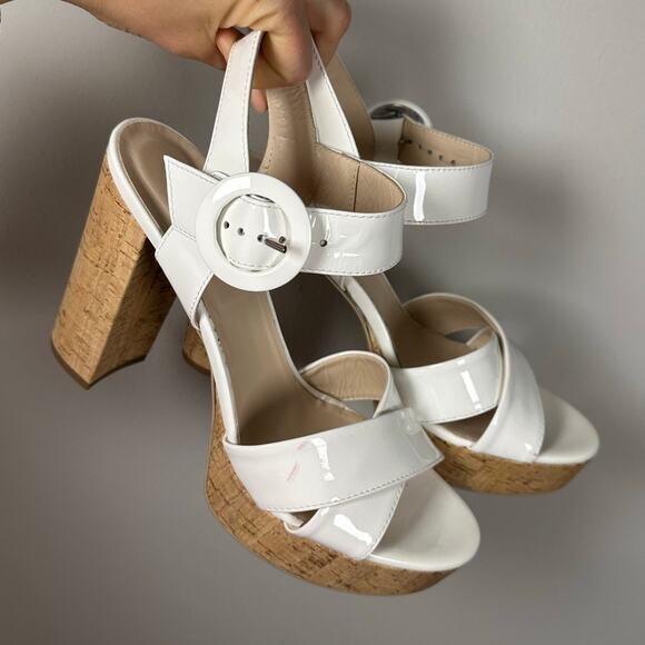 NeroGiardini White & Tan Cork Buckle Patent Leather Platform Heels Women's 11 - Picture 3 of 11